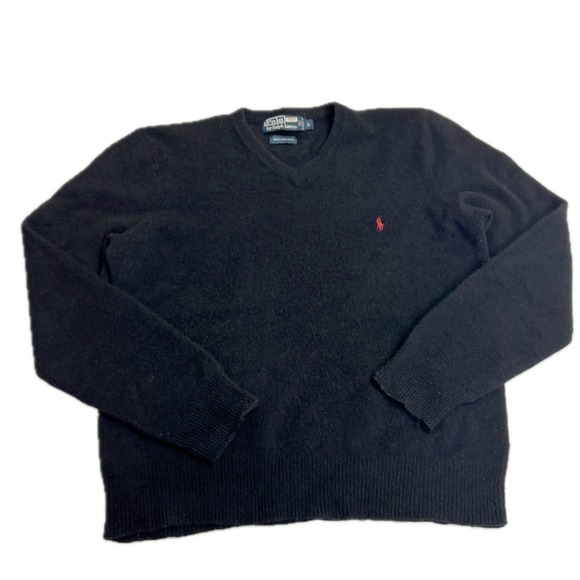 Polo Ralph Lauren Sweaters - Polo Ralph Lauren Sweater Womens Large Black Lambs Wool V Neck Red Pony Logo